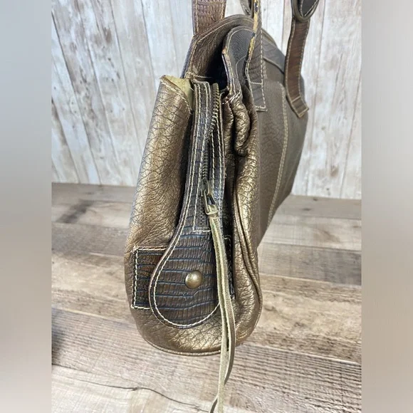 Claudia Firenze Handbag Pewter Metallic Leather Fur Chain Made in Italy - Picture 3 of 16